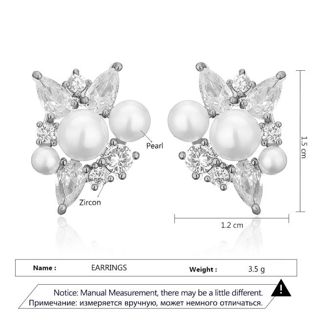 Chic pearl bead cubic zircon copper studs earrings