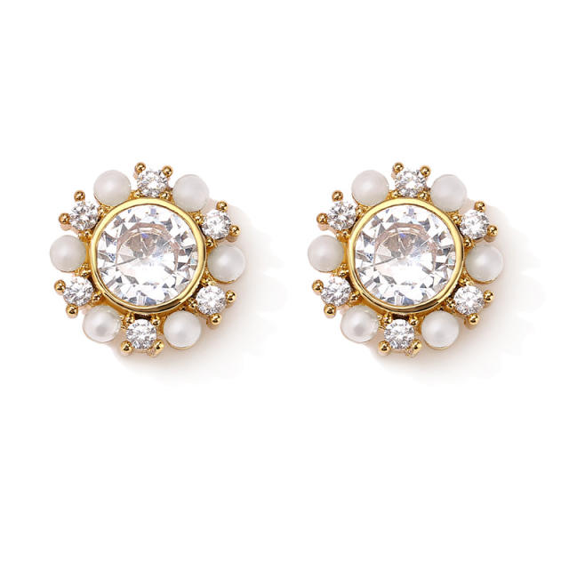 Concise chic round cubic zircon faux pearl bead studs earrings
