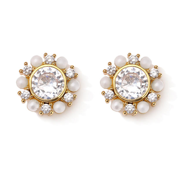 Concise chic round cubic zircon faux pearl bead studs earrings