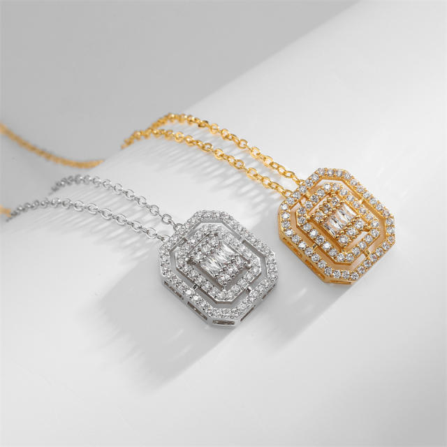 Delicate cubic zircon square pendant copper necklace set