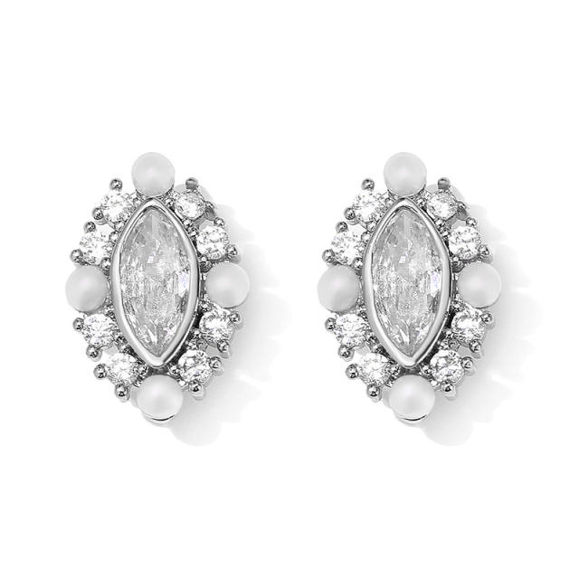 Delicate horse eye shape cubic zircon pearl bead copper studs earrings