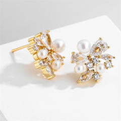 Korean fashion luxury pearl bead cubic zircon copper studs earrings