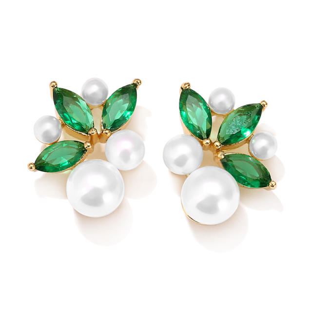 Chic delicate pearl bead cubic zircon copper studs earrings