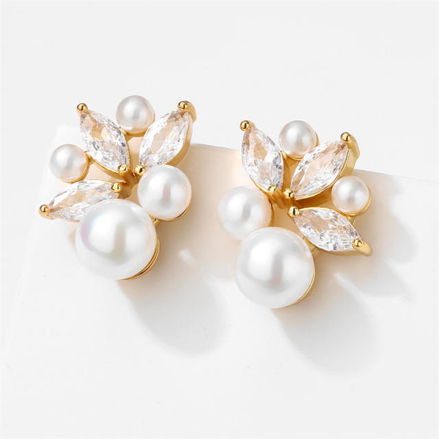 Chic delicate pearl bead cubic zircon copper studs earrings