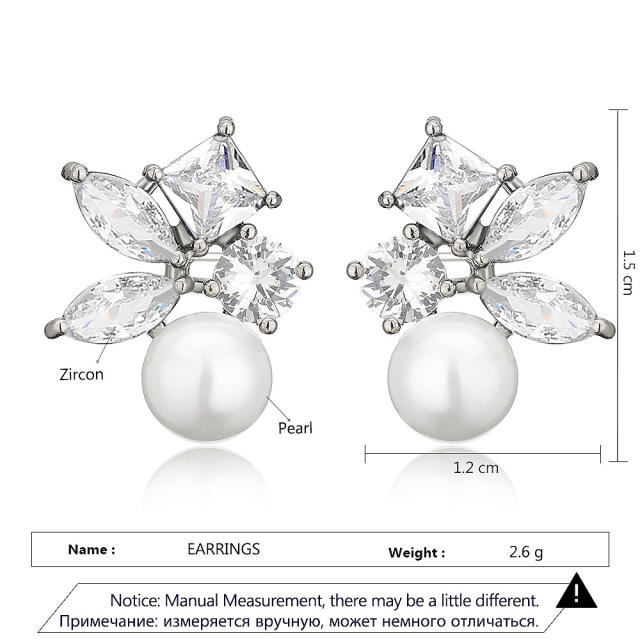 Elegant pearl bead emerald cubic zircon copper studs earrings