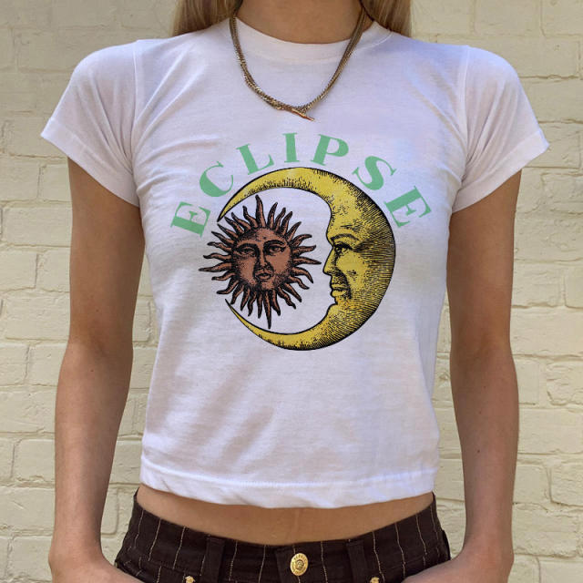 Summer Y2K black color moon sun pattern cropped tops