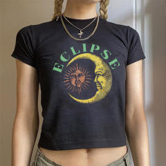 Summer Y2K black color moon sun pattern cropped tops