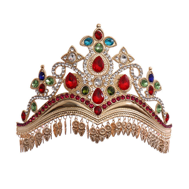 Vintage national trend glass crystal statement tassel crown earrings set