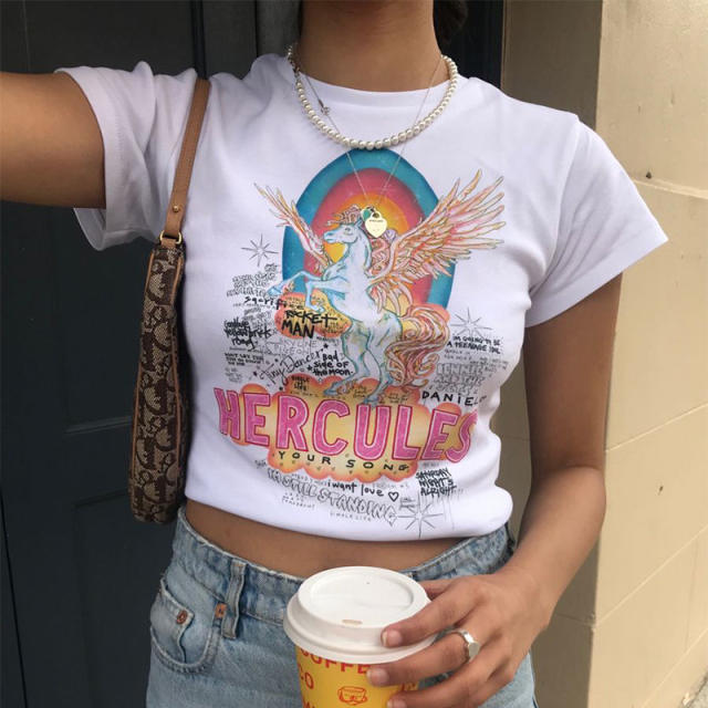 Summer unicorn letter printing Y2K cropped tops