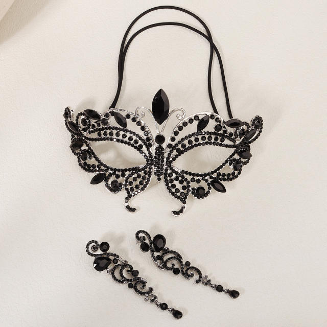 Halloween party red black color diamond crown mask earrings set
