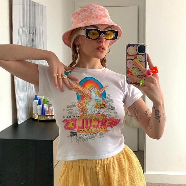 Summer unicorn letter printing Y2K cropped tops