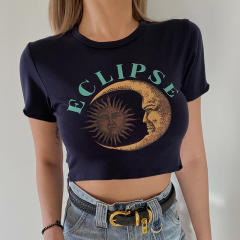 Summer Y2K black color moon sun pattern cropped tops