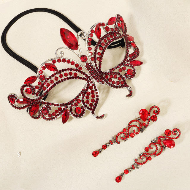 Halloween party red black color diamond crown mask earrings set