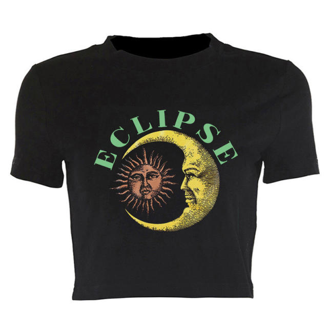 Summer Y2K black color moon sun pattern cropped tops