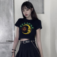 Summer Y2K black color moon sun pattern cropped tops