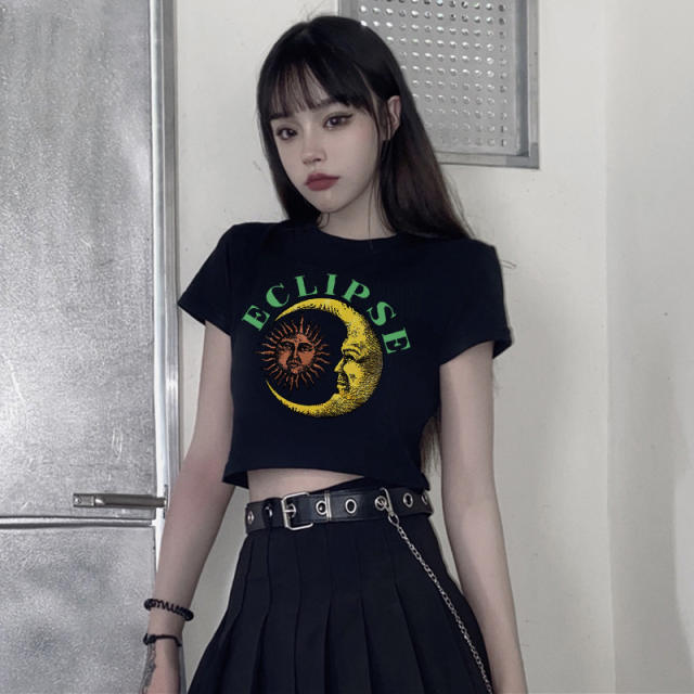 Summer Y2K black color moon sun pattern cropped tops
