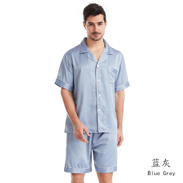 Plain color summer satin short pajamas set for men