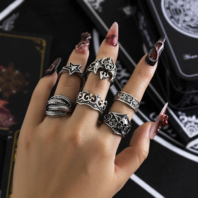 Hiphop punk trend gothic halloween stackable rings set black rings