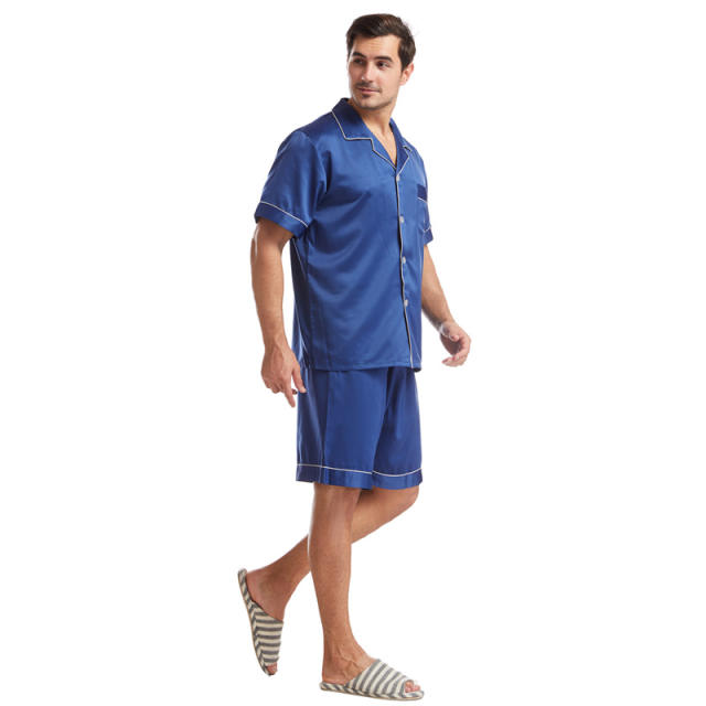 Plain color summer satin short pajamas set for men