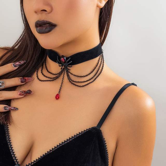 Halloween spider blood drop black choker necklace rings