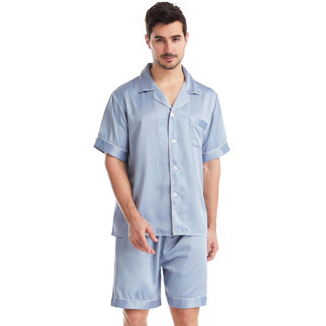 Plain color summer satin short pajamas set for men