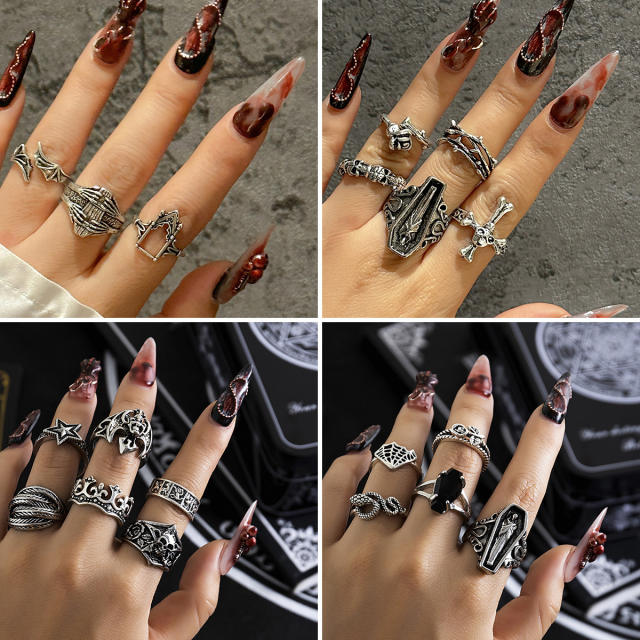 Hiphop punk trend gothic halloween stackable rings set black rings
