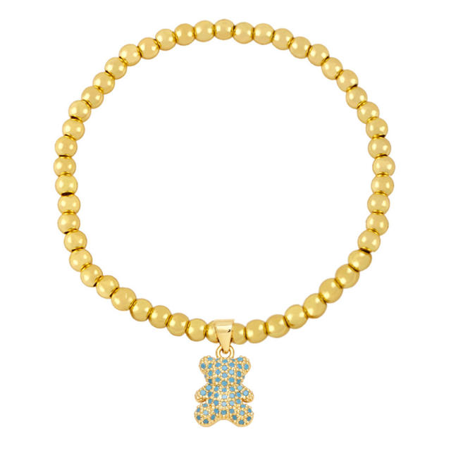 Cute cartoon bear diamond charm 18K gold plated copper bead elastic bracelet
