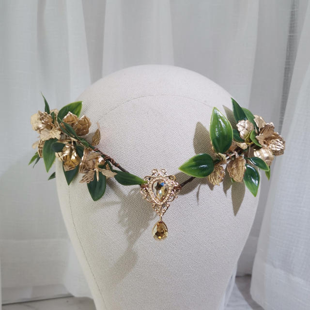 Baroque gold mix green leaf design women fairy costume flower crown