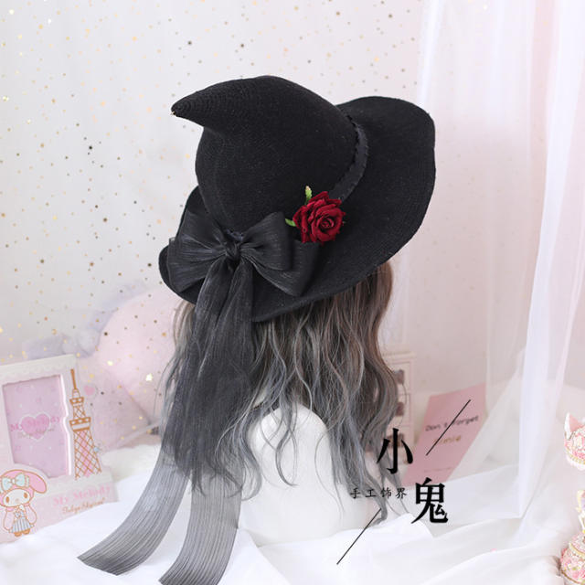 Lolita red rose flower ribbon bow witches hat halloween hat