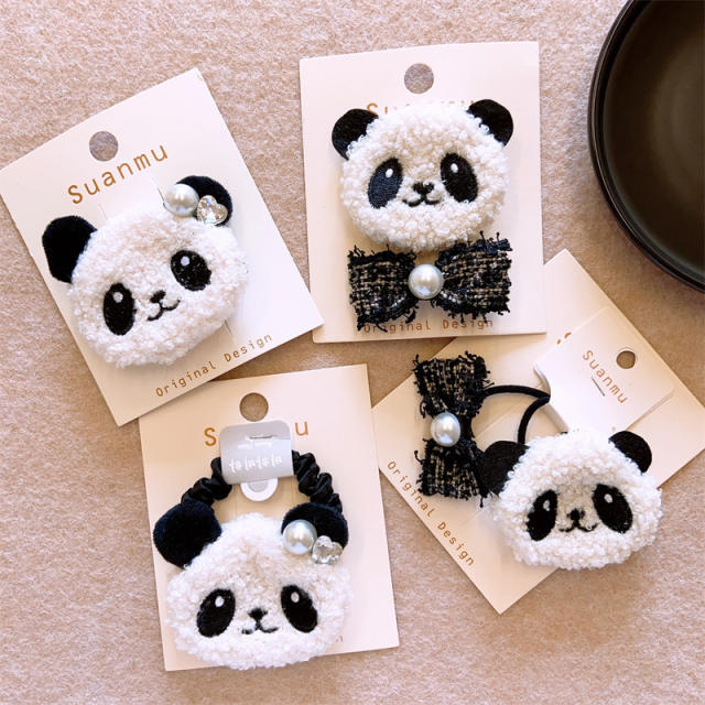 Autumn winter design fluffy panda kids hair clips hair ties set