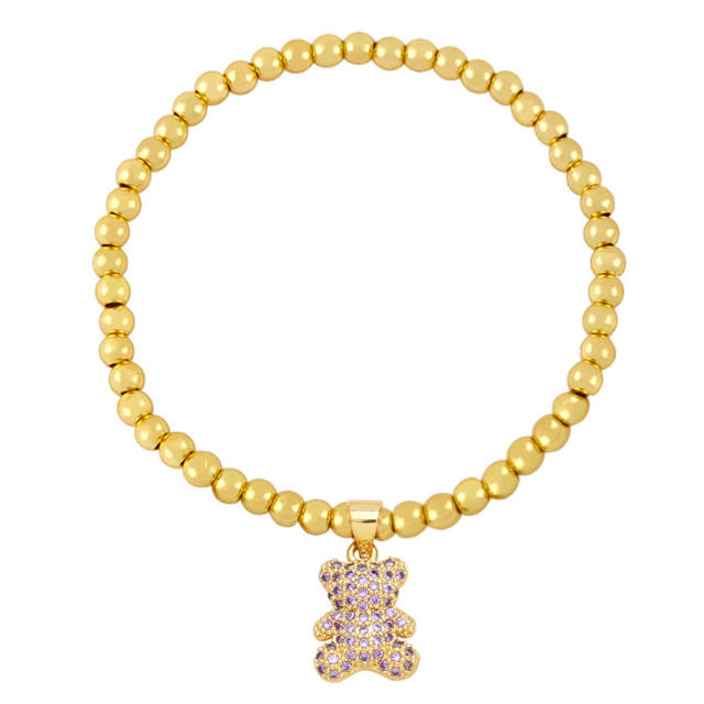 Cute cartoon bear diamond charm 18K gold plated copper bead elastic bracelet