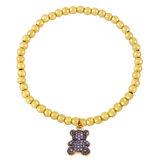 Cute color diamond bear charm 18k gold plated copper bead elastic bracelet