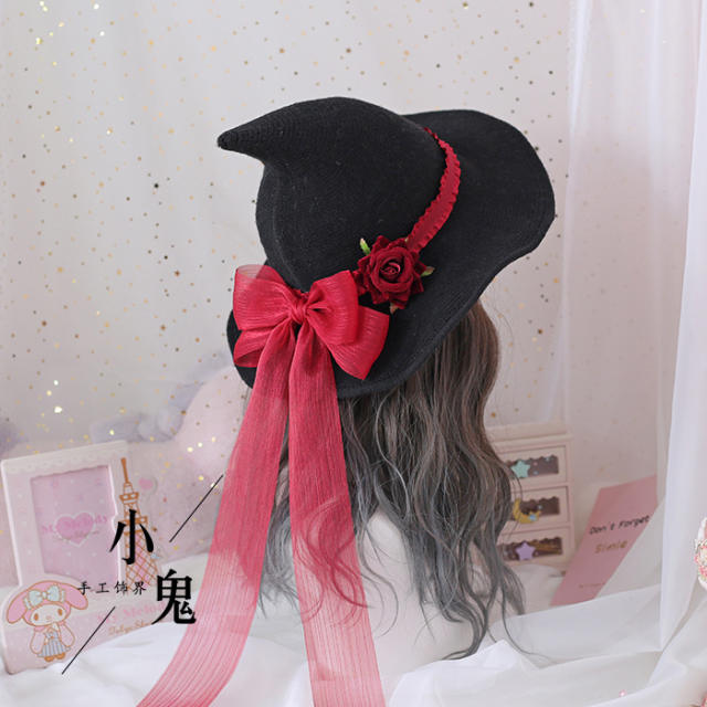 Lolita red rose flower ribbon bow witches hat halloween hat