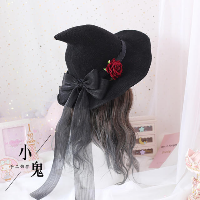 Lolita red rose flower ribbon bow witches hat halloween hat