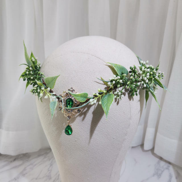 Forest wedding women fairy costume green color leaf V shape crown headband