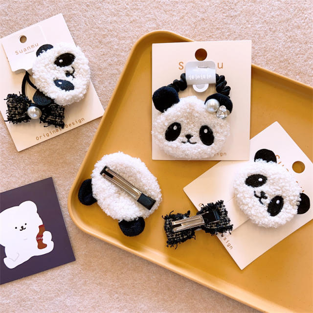 Autumn winter design fluffy panda kids hair clips hair ties set