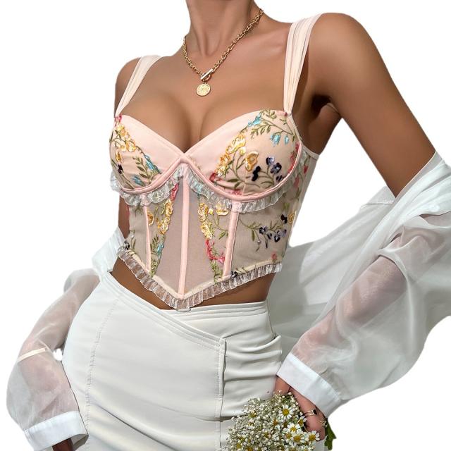 INS sexy flower embroidery corset tops