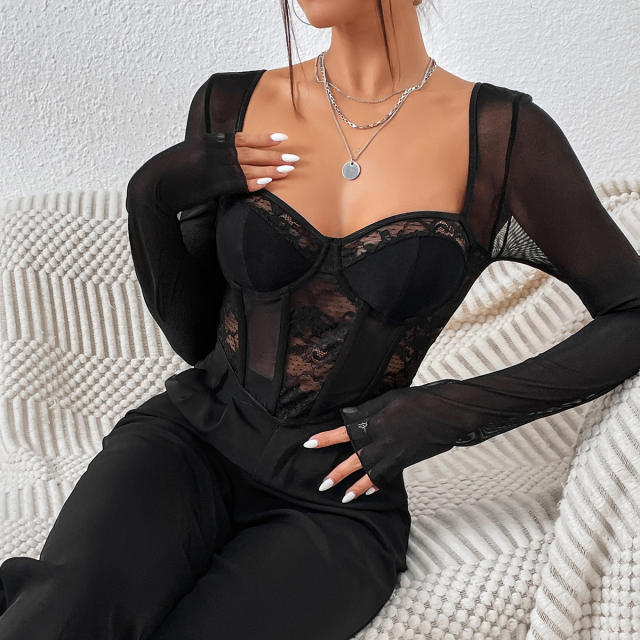 Sexy plain color mesh long sleeve corset tops