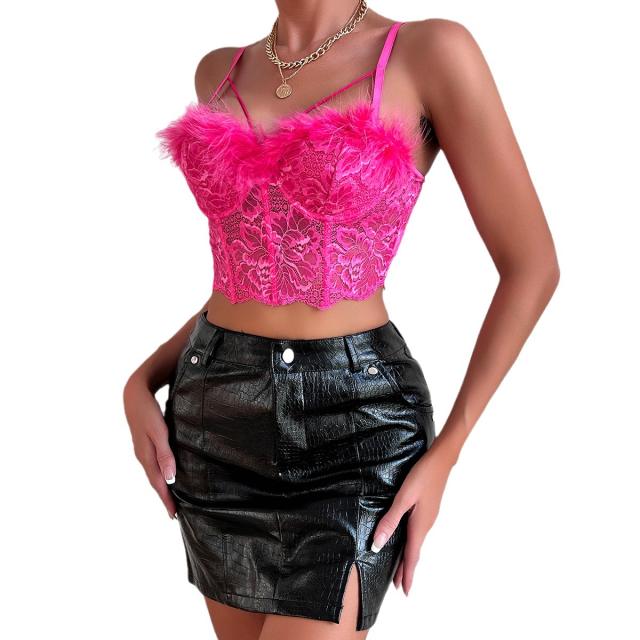 Luxury plain color sexy lace fluffy camisole corset tops