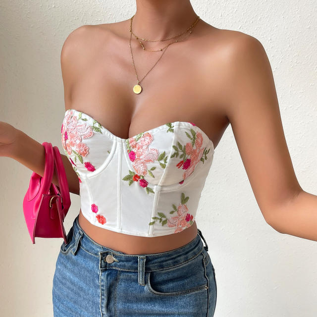 Sexy embroidery flower off shoulder corset tops