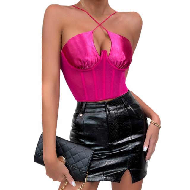 Sexy rose red color satin halter neck corset tops