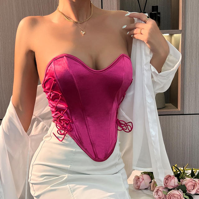 Y2K plain color satin off shoulder strappy corset tops