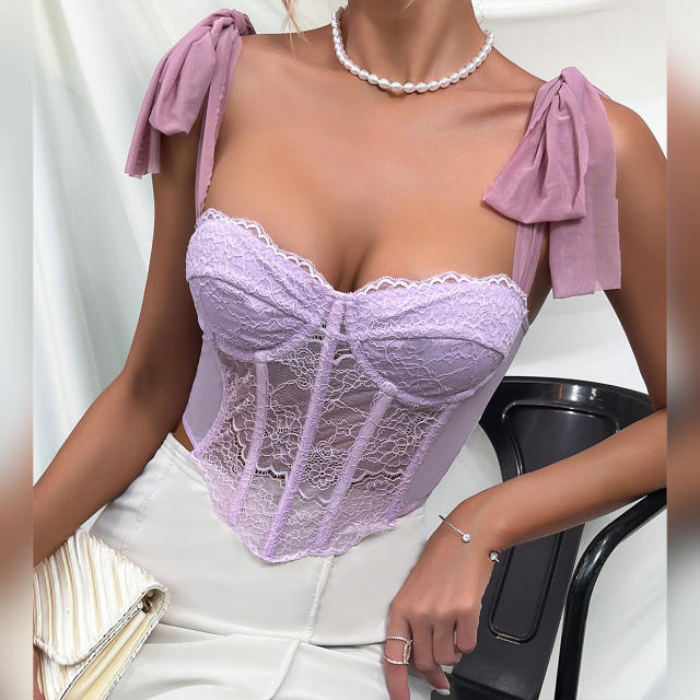 Purple color sexy lace ribbon strap corset tops for women