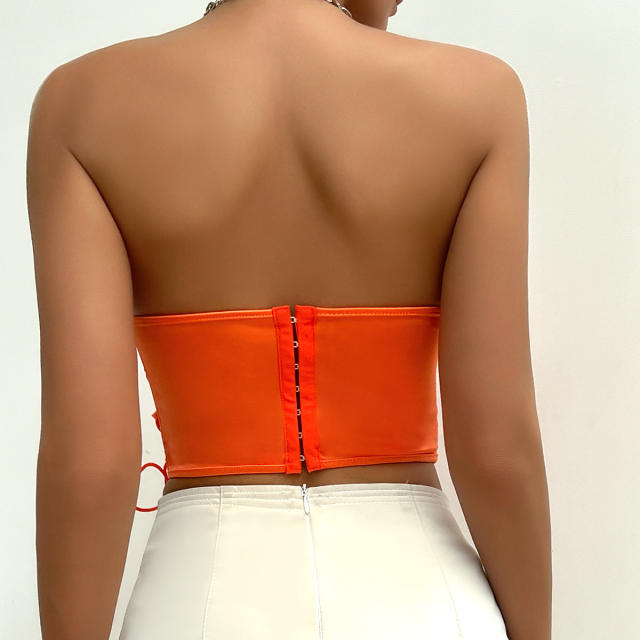 Y2K plain color satin off shoulder strappy corset tops