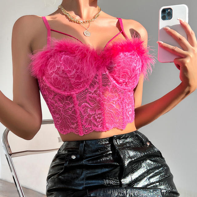 Luxury plain color sexy lace fluffy camisole corset tops