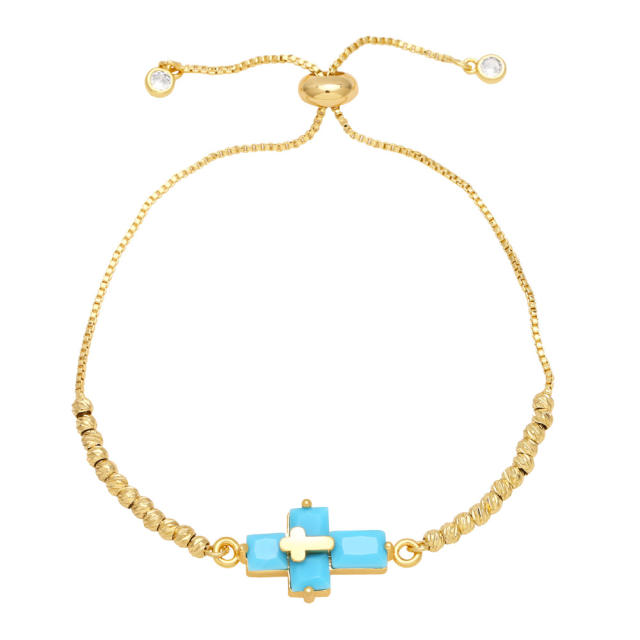 Delicate colorful cubic zircon cross gold plated copper bracelet