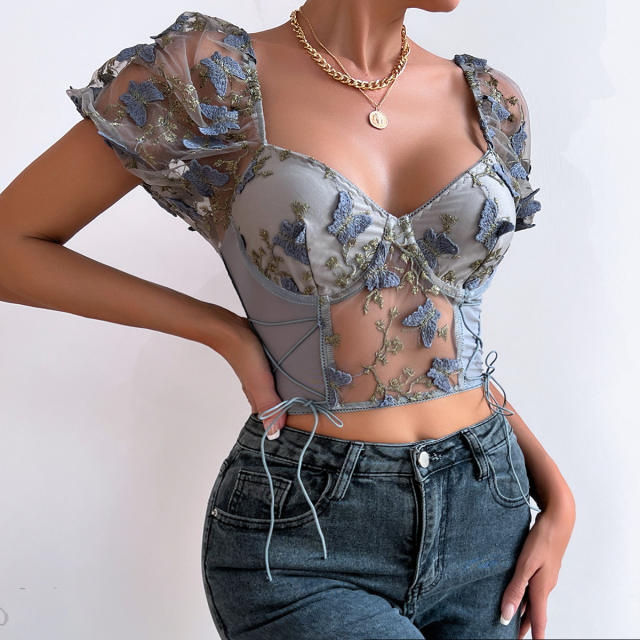 Sexy mesh Embroidered flowers colorful puff sleeve cropped corset tops