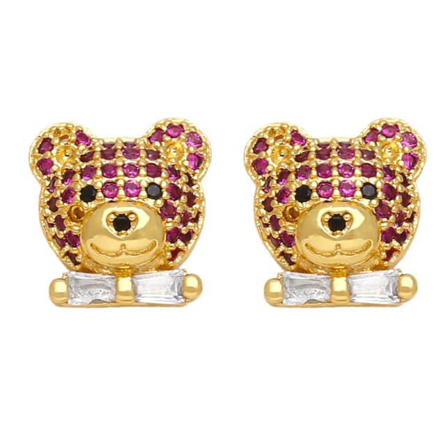 Cute bear full color cubic zircon gold plated copper earrings