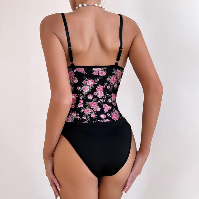 Sexy rose flower pattern corset bodysuit