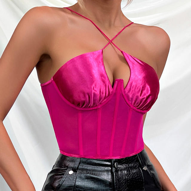 Sexy rose red color satin halter neck corset tops